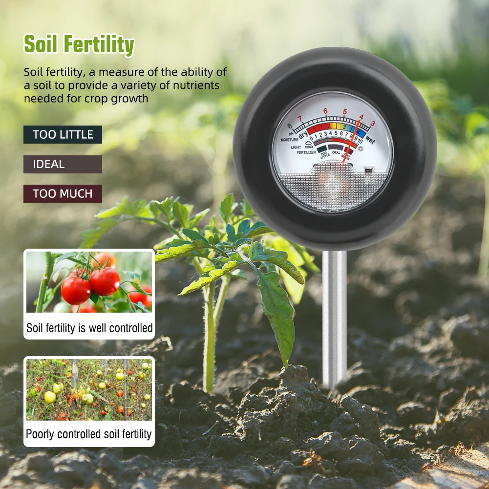 Multifunction 4 in 1 Soil PH Meter Soil Moisture Meter Thermometer Farm Garden Light Fertility Tester Detector for Potted Garden