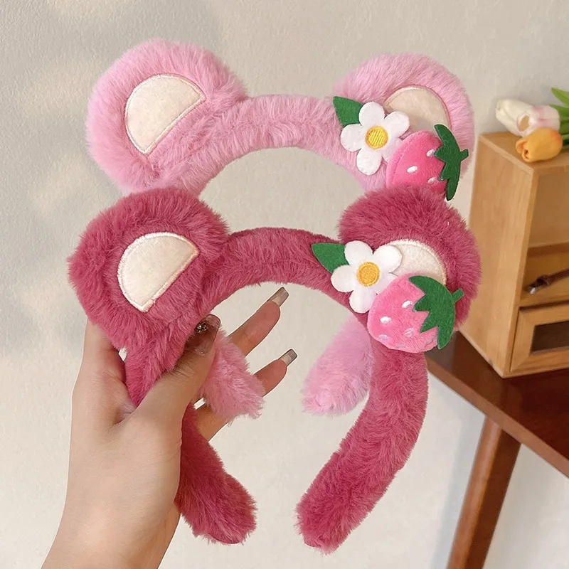 Strawberry Bear Plush Headband for Women Sweet Fashion Girls Face Wash HairBand