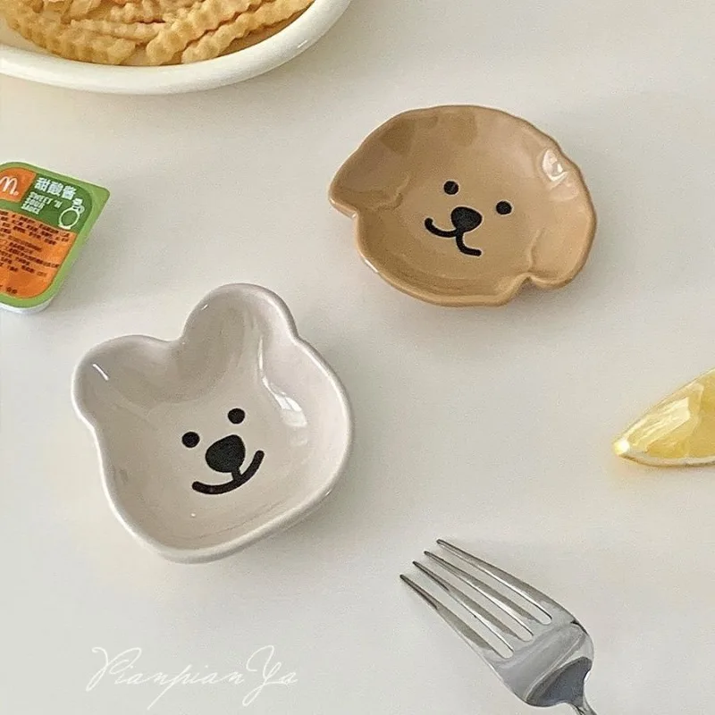 Kawaii Cartoon Ceramics Little Bear Sauce Dish Japanese Creative Household Seasoning Plate Sauce Salad Plate Table Decoration