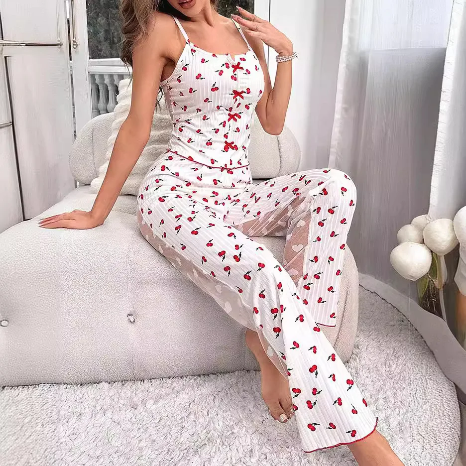 2024 Printed Color Contrasting Printed Mesh Home Clothes Front Split Strap Pajama Set