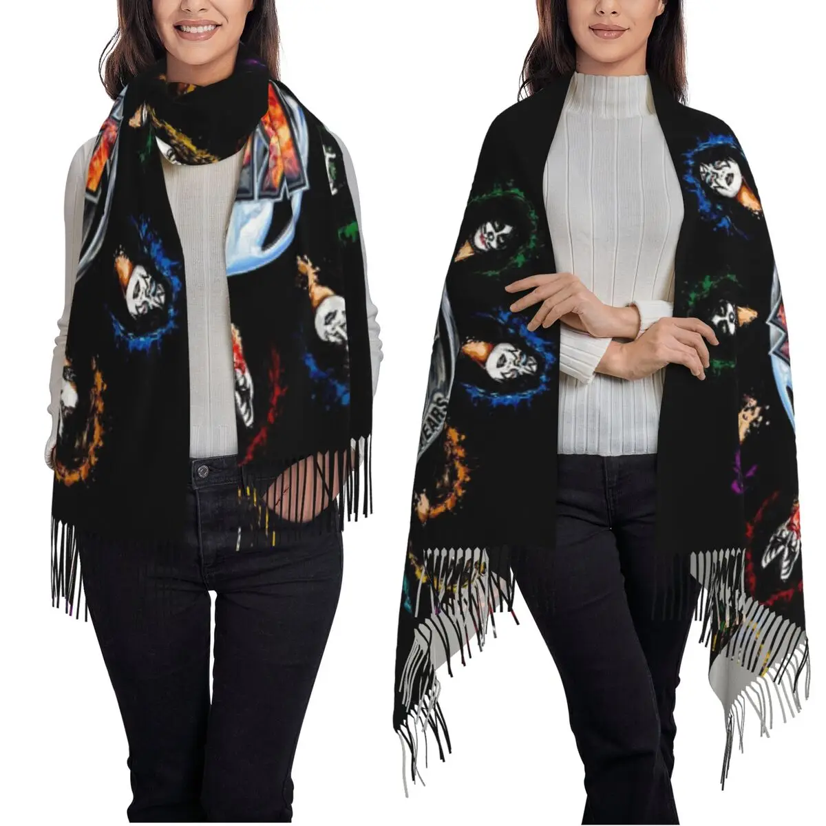 KISS The Band デーモンレッド ロックミュージック スカーフ タッセル付きスカーフ レディース ソフトで暖かいショールとラップ ロング 秋 冬 ショール ラップ