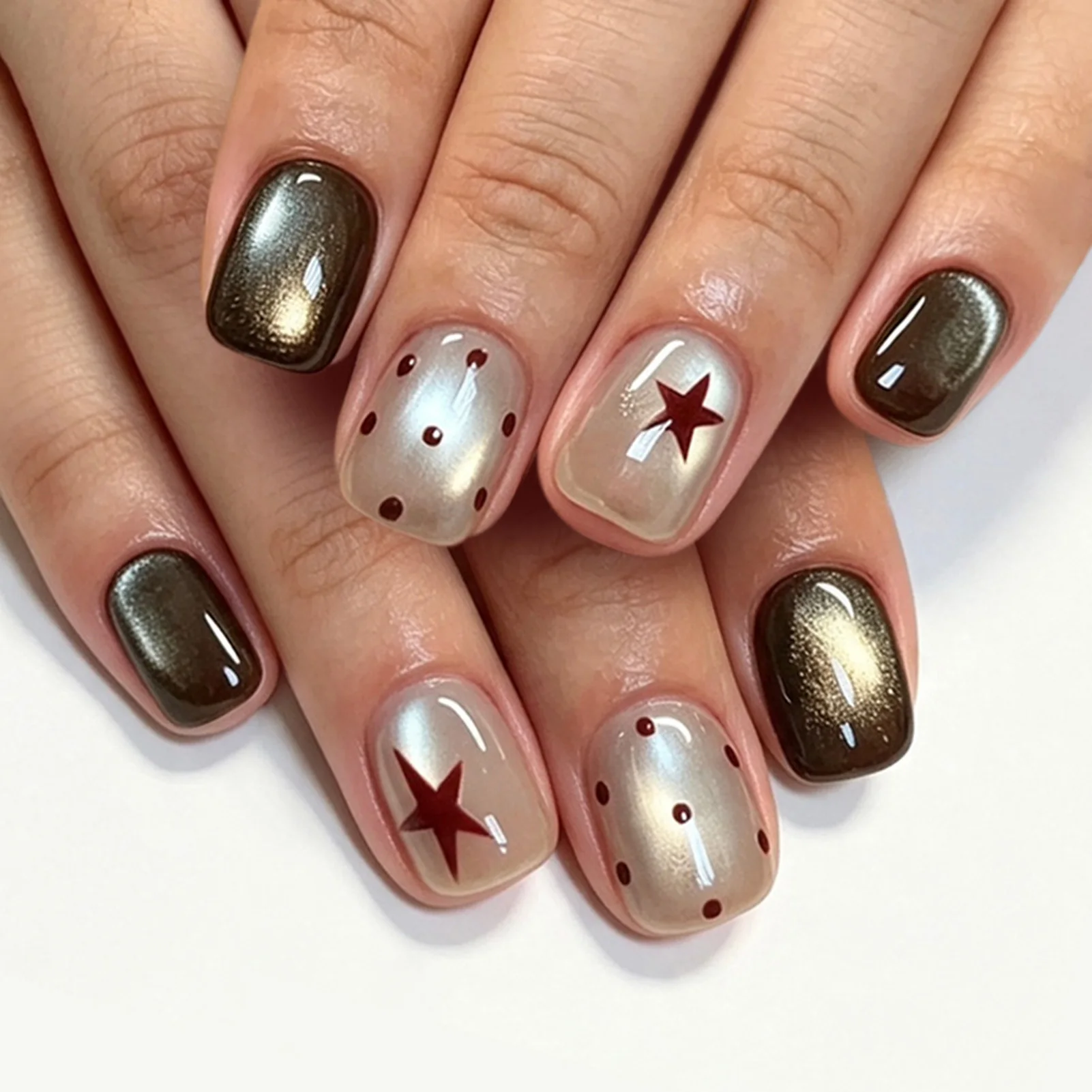 Glossy Short Square Fake Nails Y2K Girls Ballet Press On Nails Polka Dot/Star Printed Full Cover Detachable Artificial Nails