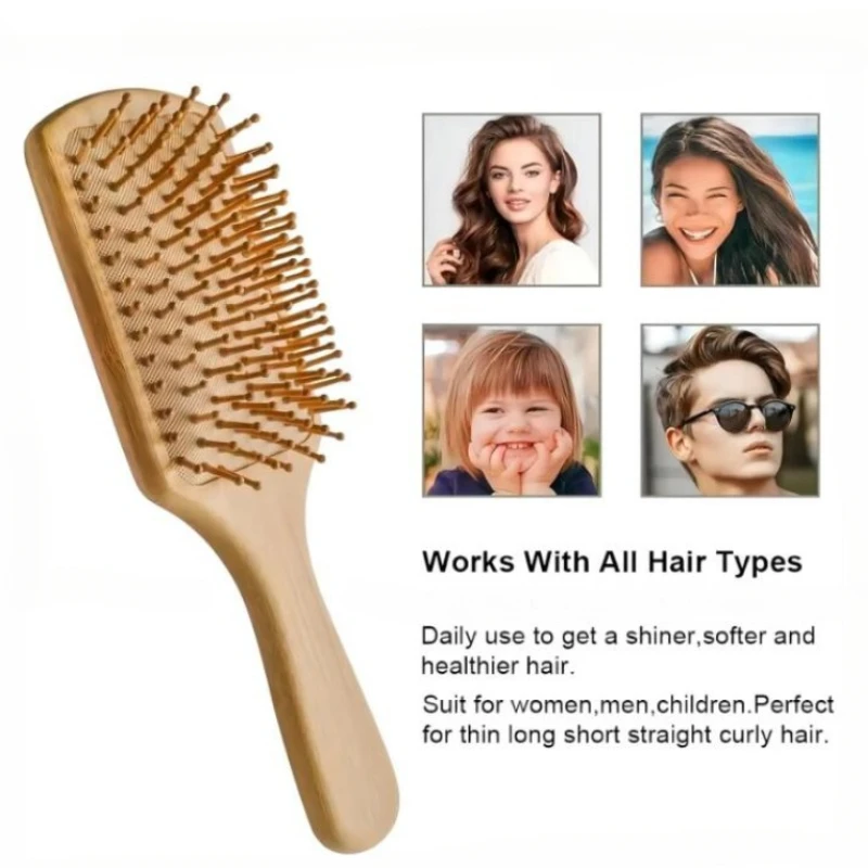 1PC Bamboo Hair Brush Nature Wooden Anti-Static Detangle Brush Hair Scalp Massage Comb Air Cushion Styling Tools for Women Men