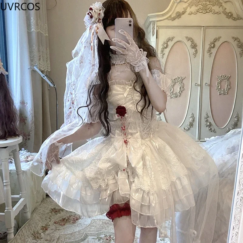 Abito Lolita gotico vittoriano giapponese elegante donna carino pizzo maglia Kawaii moda rosa abiti bianco ragazze dolce abito da sposa