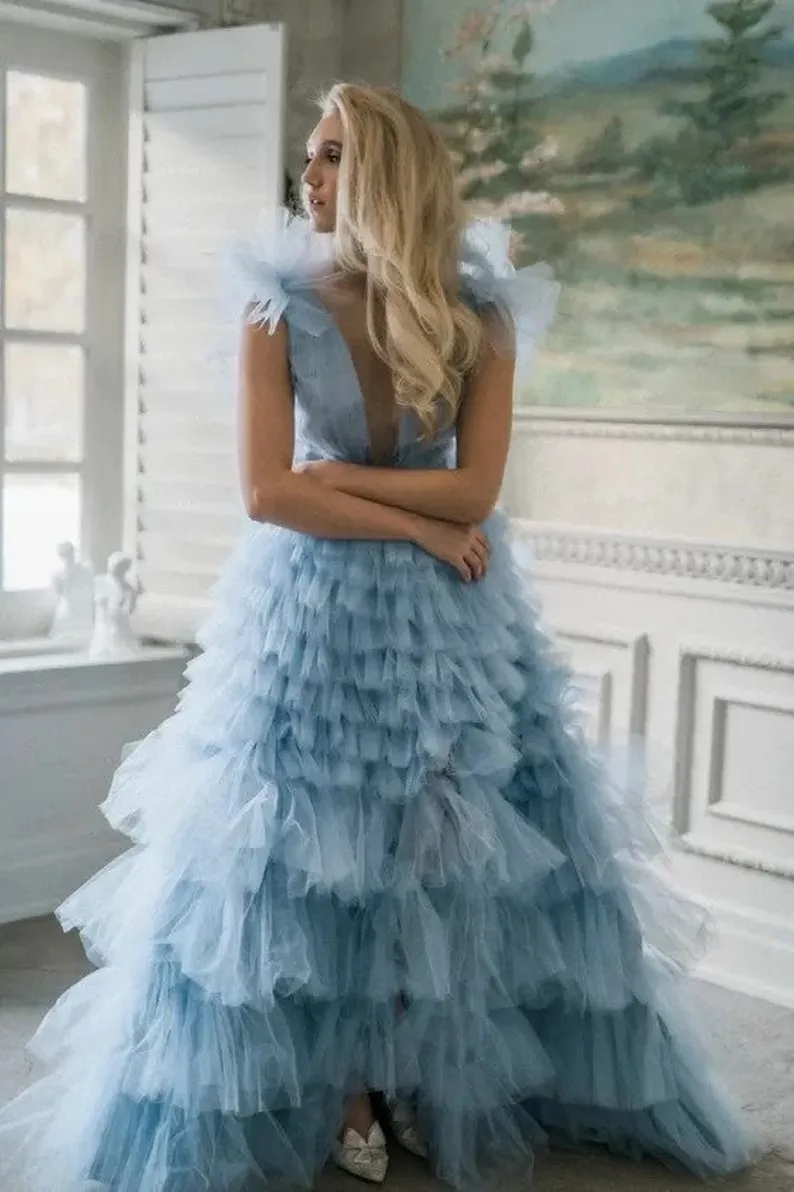 Affascinante abito da ballo in Tulle gonfio abito da servizio fotografico abito da doccia da sposa in rete morbida a strati blu con spacco anteriore abiti da festa lunghi formali