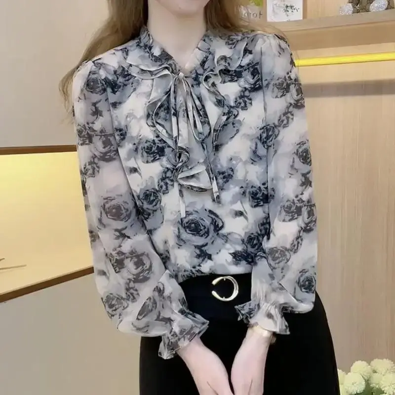 Commute Broken Flowers Shirt Women\'s Clothing Scarf Collar Drawstring Spring Autumn Stylish Sweet Ruffles Spliced Loose Blouse