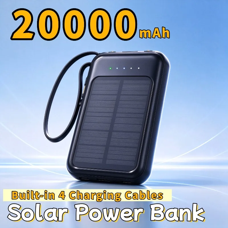 Solar Powerbank 20000mAh Portable Power Bank with LED Flashlights Compass Built-in 4 Cables for IPhone Xiaomi Huawei Samsung