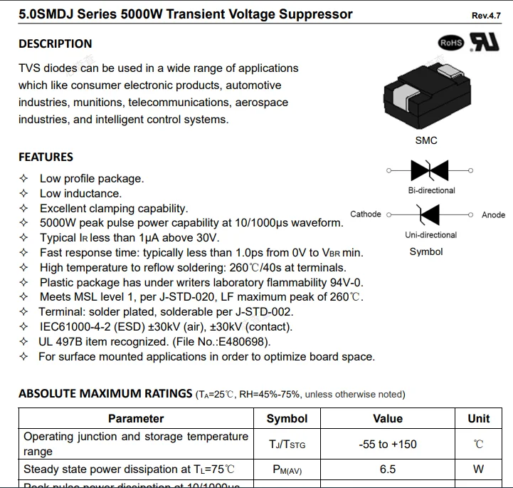 (50 pcs) 5.0SMDJ100A DO-214AB - TVS Diode 5000W 100V Unidirectional