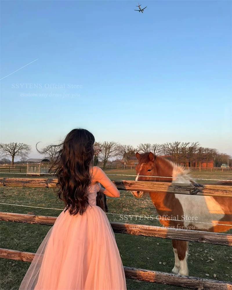 Ssytens blush rosa tule vestidos de baile alças espaguete quinceanera vestidos de baile comprimento chá sem mangas vestidos de festa personalizados