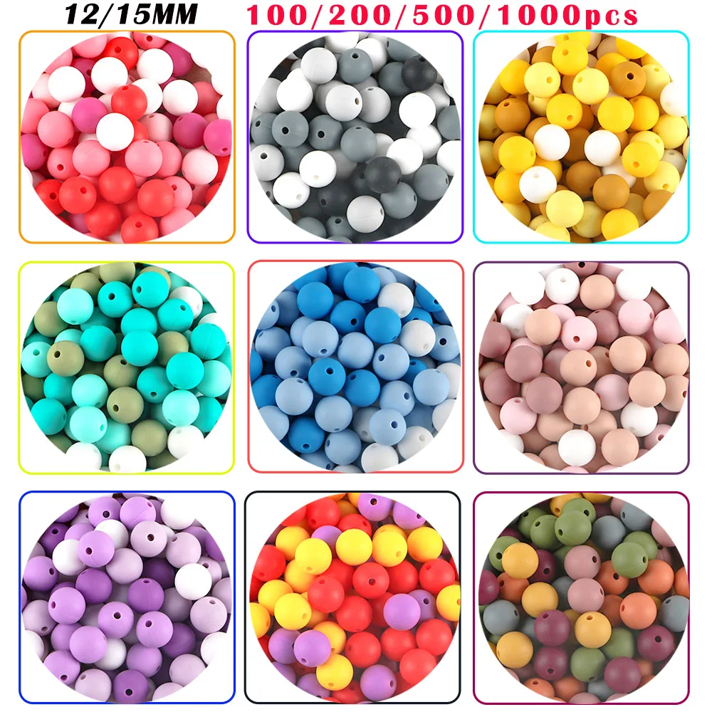 Wholesale 100-1000Pcs 12/15mm Round Silicone Beads Loose Beads For Jewelry Making DIY Pacifier Chain Bracelet Necklace Gift