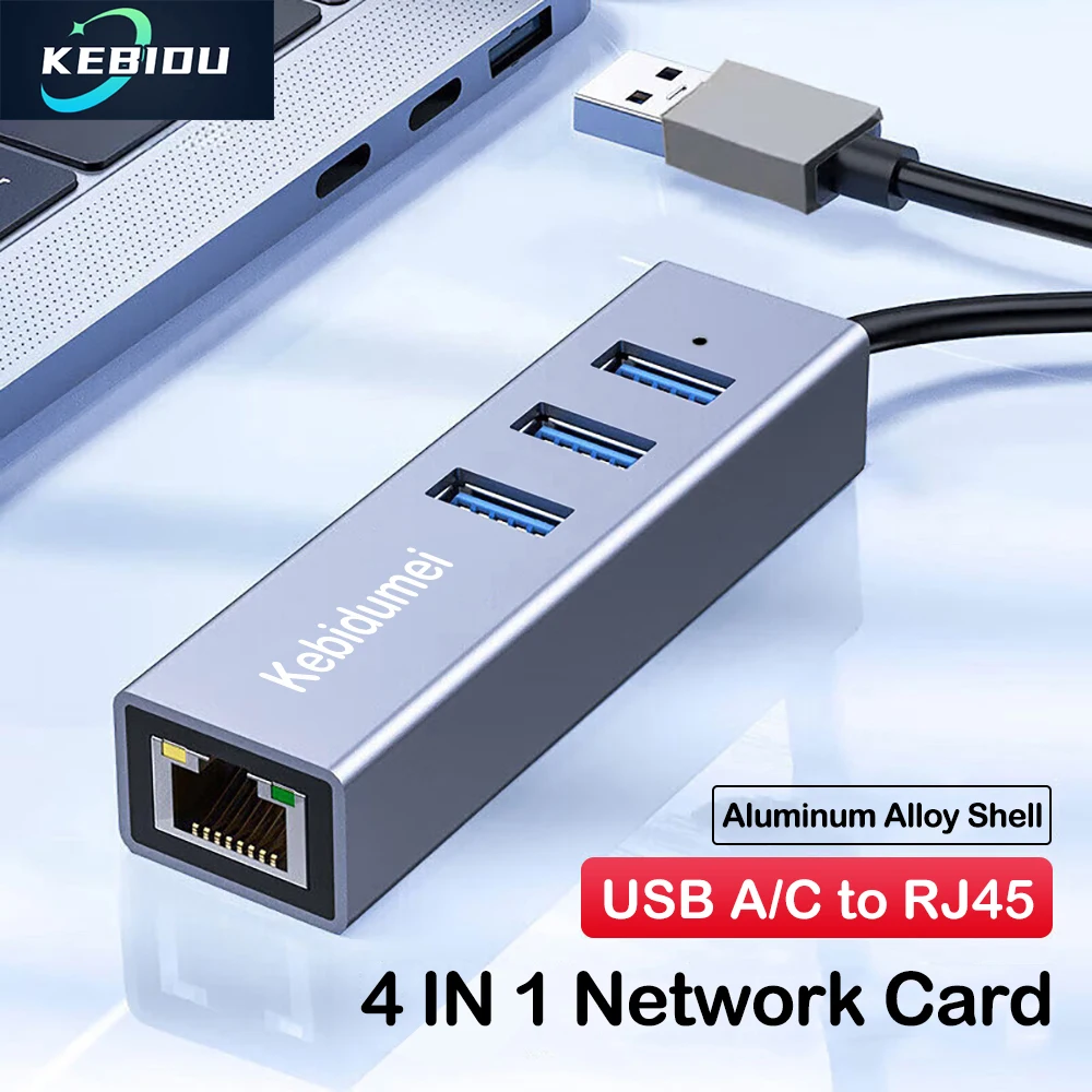 1000Mbps Wired Network Card 4 IN 1 3 USB3.0 HUB Adapter USB3.0 Type-C to RJ45 Giagbit Ethernet Converter For MacBook Notebook PC