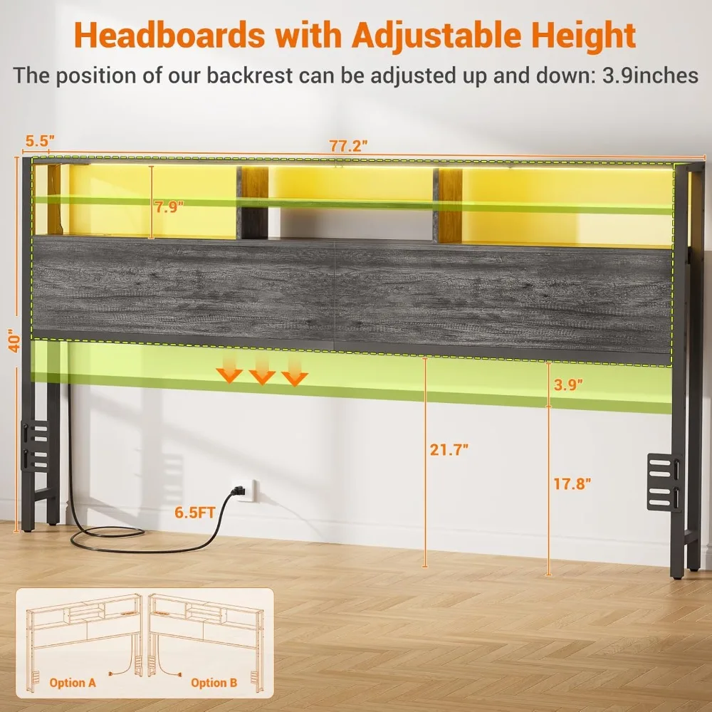 Headboard for King Size Bed with Storage, Headboards with Outlets, USB Ports and LED Light, King Size Head Board Only