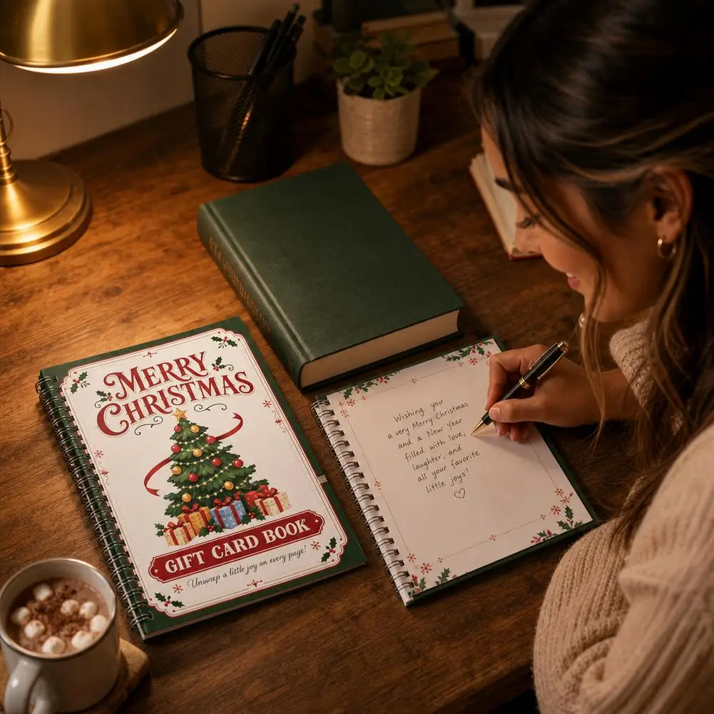 Merry Christmas Gift Card Book Spiral Bound Festive Santa Reindeer Xmas Tree Design Holiday Card Organizer Notebook Xmas Gift