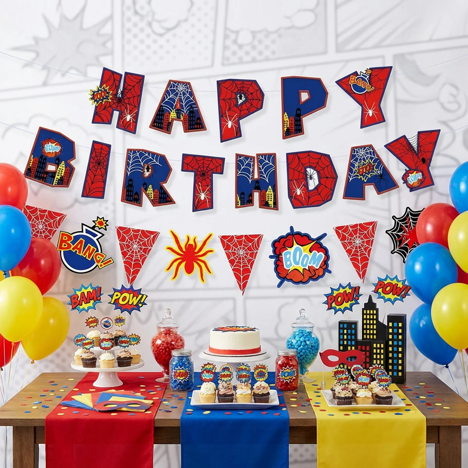 Banderas Decorativas con Temática de Telaraña de Spiderman para Fiestas de Cumpleaños Infantiles, Recuerdos para Niños y Niñas, Decoración para Cabina de Fotos, Regalos para Baby Shower