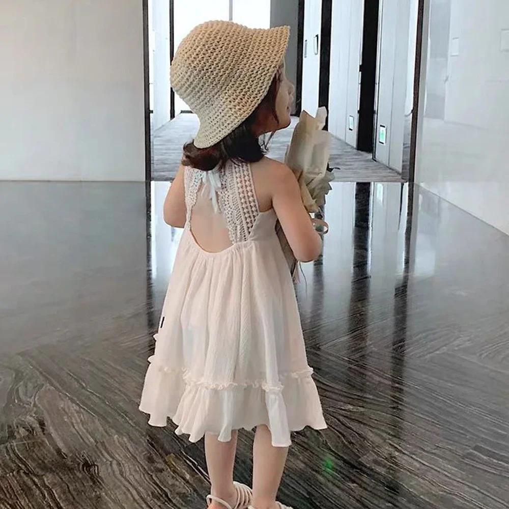 Bear Leader 2023 New Girls Clothing Summer Seaside Holiday Style Children\'s Dress Baby Foreign Style Open Back White Sling Skirt