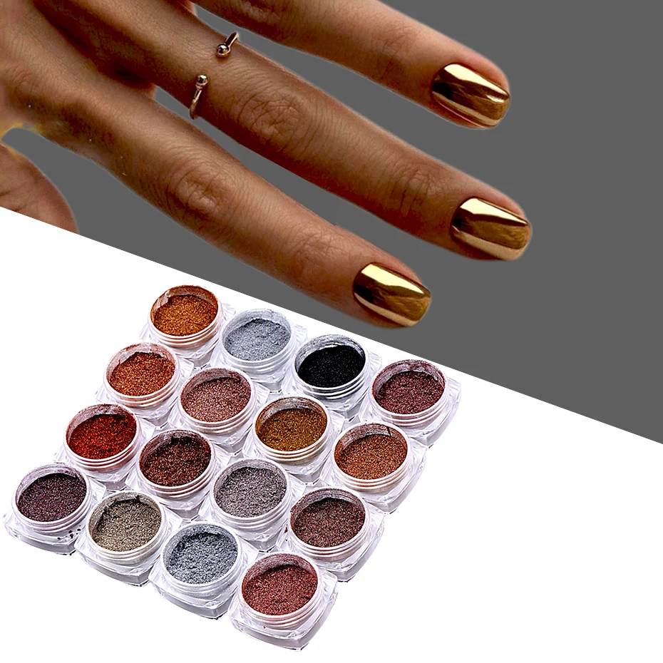 

16 Boxes Golden Silvery Effect Magic Mirror Nail Powder Chrome Metallic Rubbing Dust Gel Polish Pigment Powder Manicure Decor