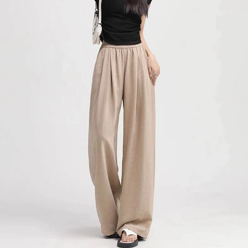 Hot Sale Solid Daily Female Leisure Pants 2025 Girls Fashion High Waist Pants Women Baggy Ice Silk Straight Leg Trousers