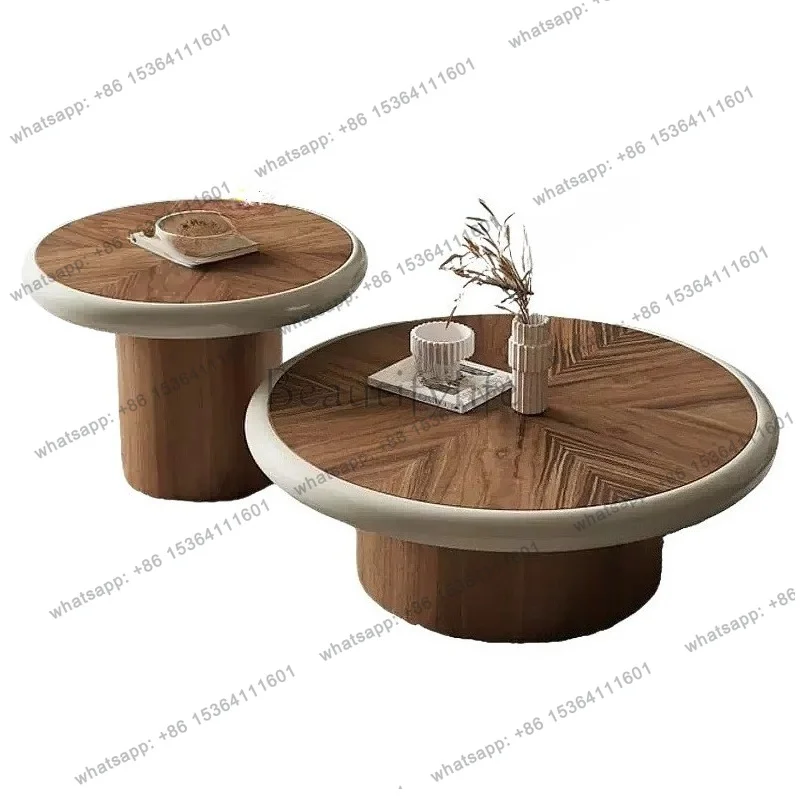 YJ Mid-Century Modern Walnut Round Solid Wood Coffee Table for Living Room Small Space Hotel