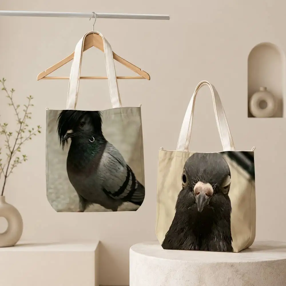 Divertida bolsa de mano con diseño de paloma para mujer, bolsa de compras reutilizable con cremallera, bolsos de hombro con estampado de escrituras inspiradoras