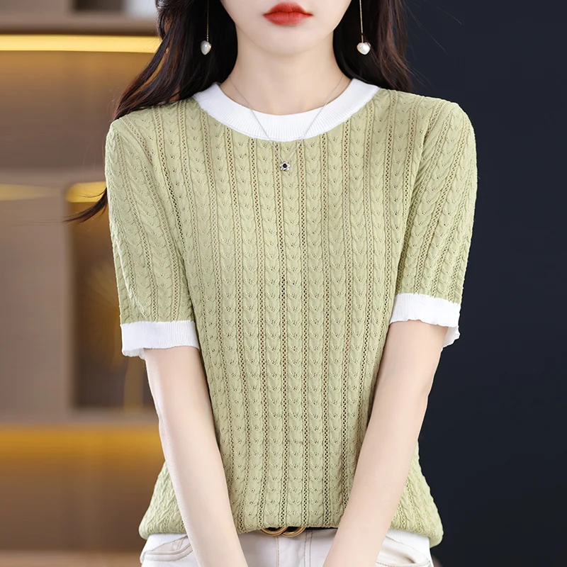 Women's T-shirt Spring/Summer Worsted Knitwear Casual Splicing Ladies' Tops Loose Round Neck Blouse Pullover Hollow Tees