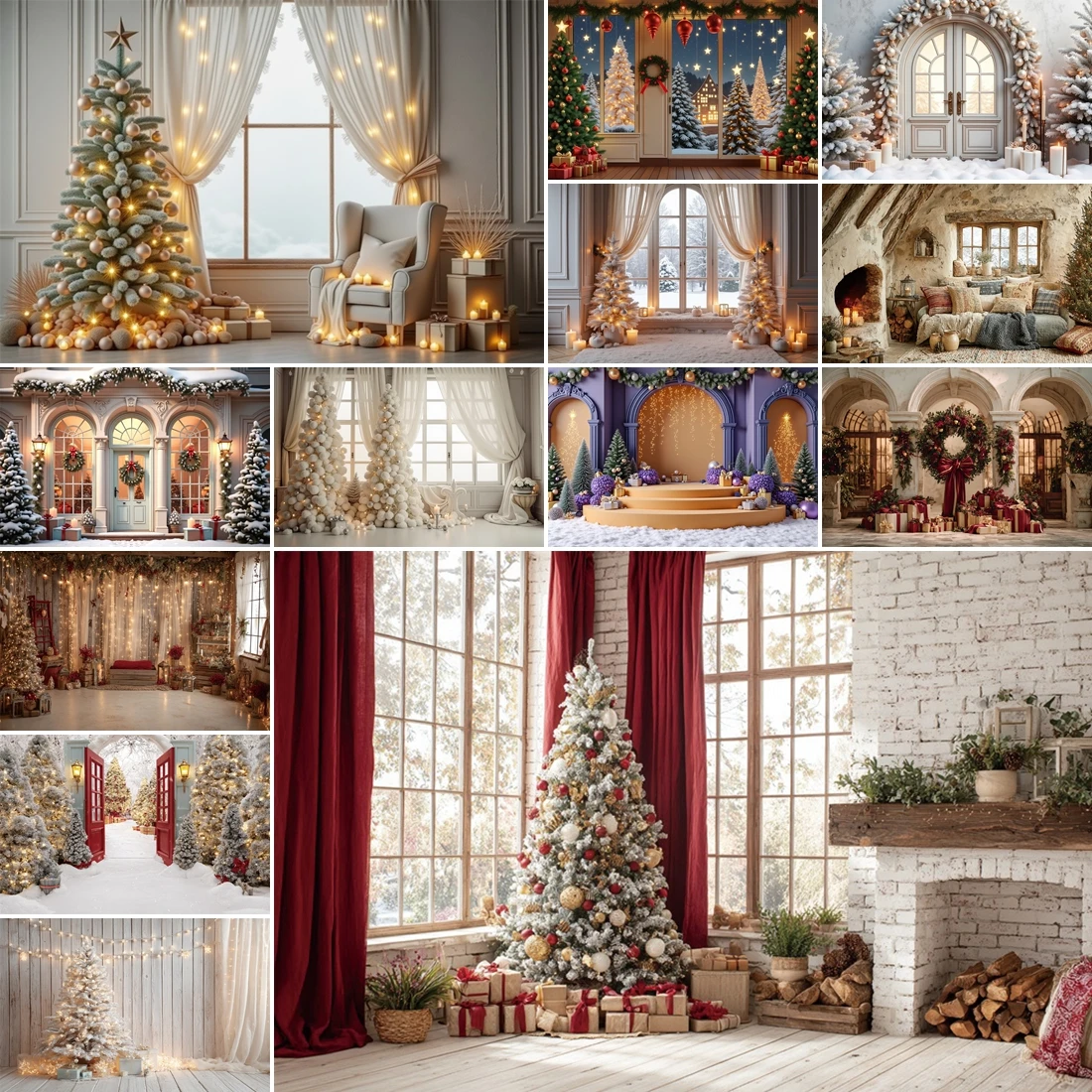 Christmas New Year Clock Decor Backdrop Photography Vintage Xmas Trees Gifts Snow Winter Indoor Photo Studio Background VF-01 
