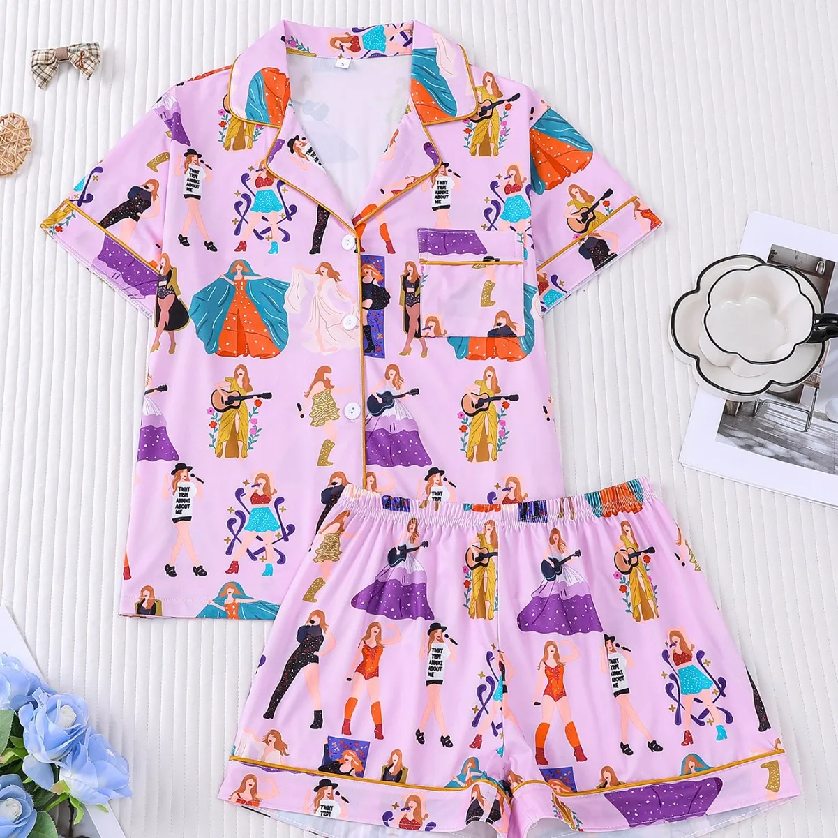 

Ladies European Style Lapel Homewear, Short Sleeve Cardigan Suit, Casual Soft Comfortable Breathable Daily Pajamas