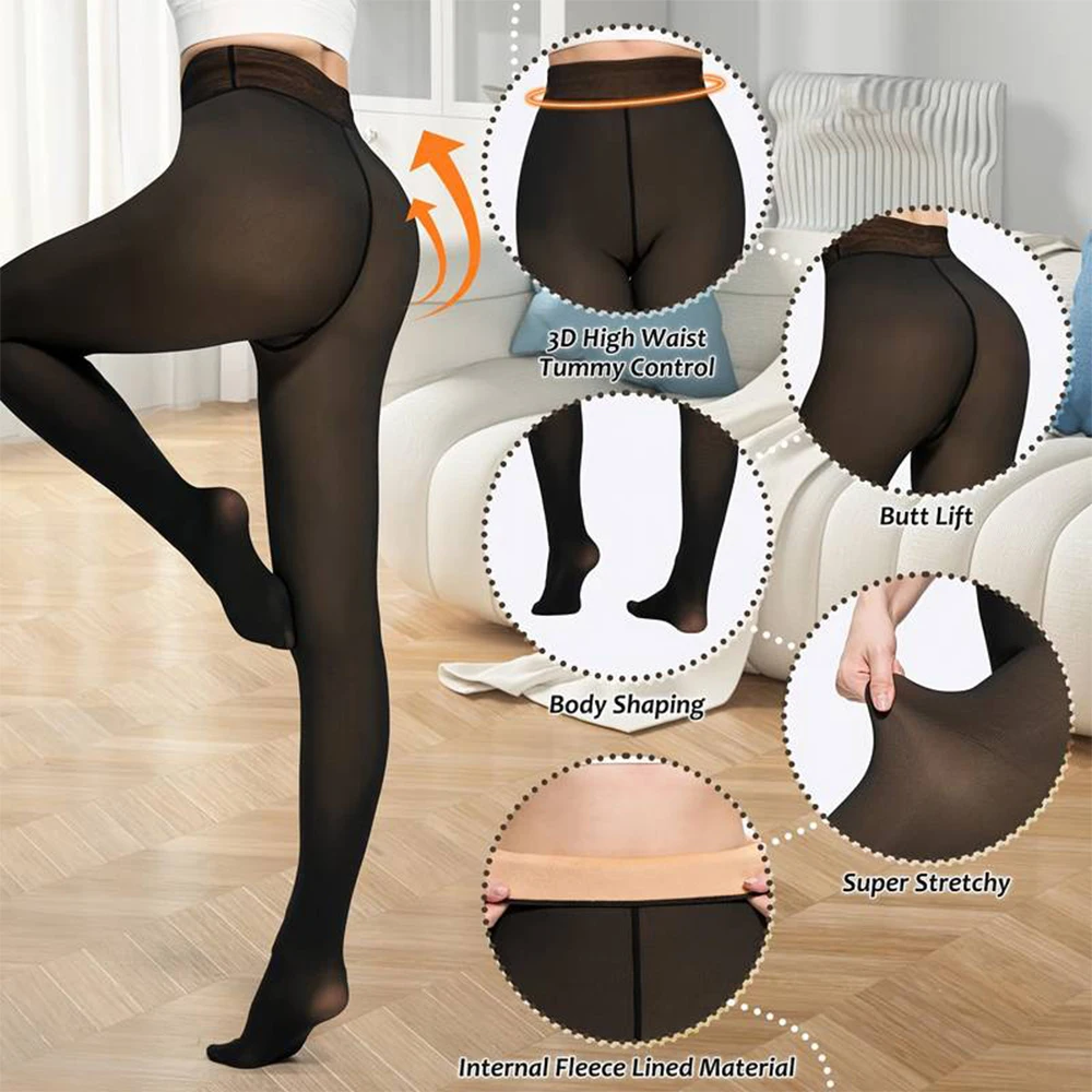 One Seam Fleece Lined Leggings Tights Warm Fake Translucent Pantyhose Tummy Control Thermal Leggings Sheer Stockings For Winter