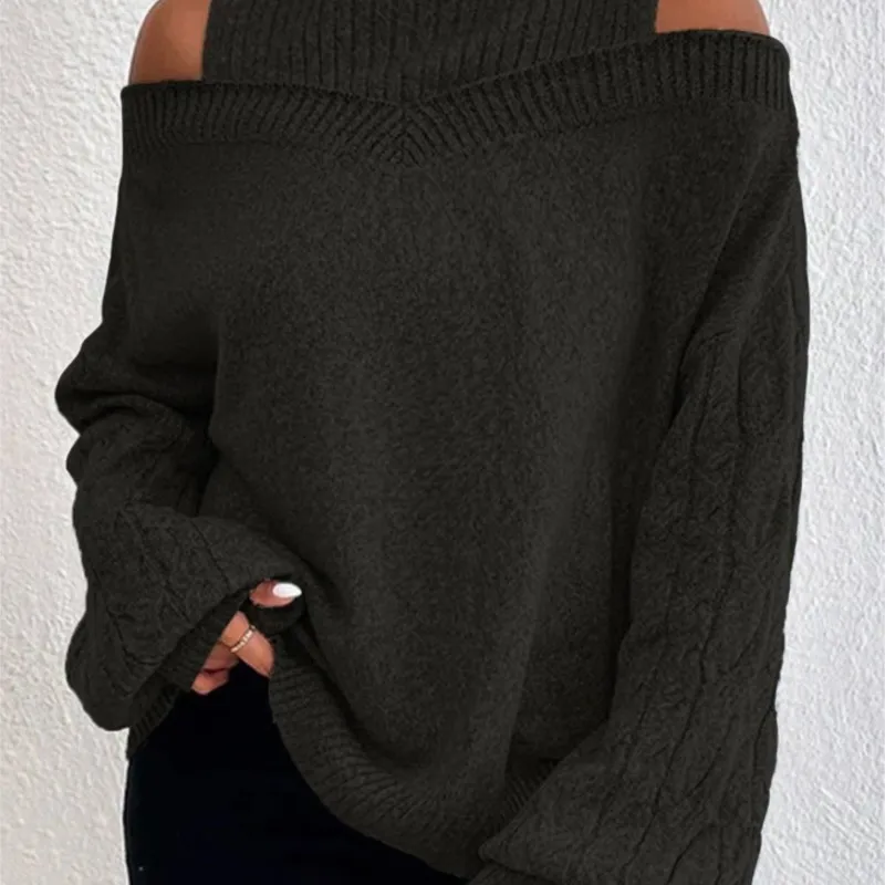 Women New Solid Knitting Off Shoulder Sweaters Autumn Winter Elegant Office Lady Half High Collar Splice Loose Pullovers Sweater