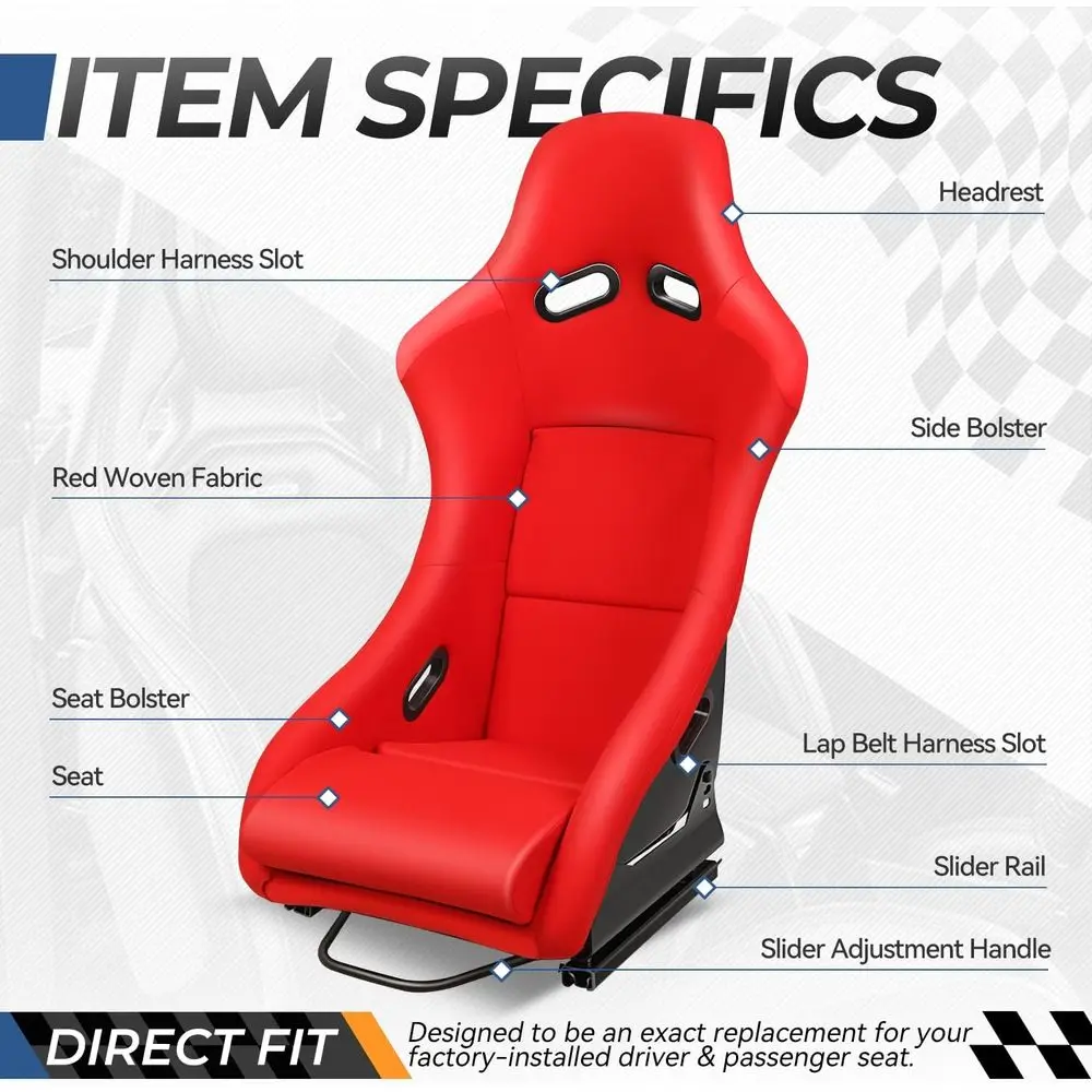 Universal Fixed Position Racing Bucket Seats, 37.5H x 23W x 25D, Red, Driver & Passenger Side