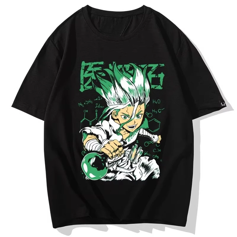 Camiseta de Anime para Adultos Dr. Stone Senku Ishigami, Camiseta de Manga Corta con Cuello Redondo de Poliéster, Camiseta con Estampado Gráfico