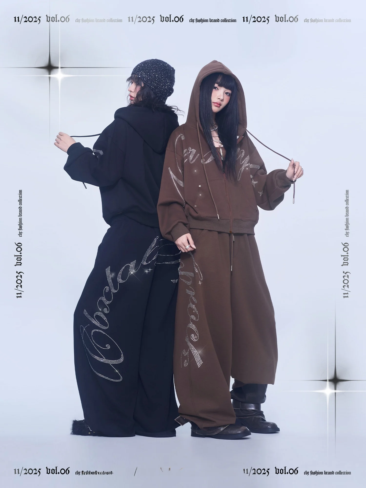 CBXLAB Street Dance Trendy Brand Glitter Heart Rhinestone Set Autumn Winter Fleece Lined Hooded Jacket Hip Hop Pants view 5