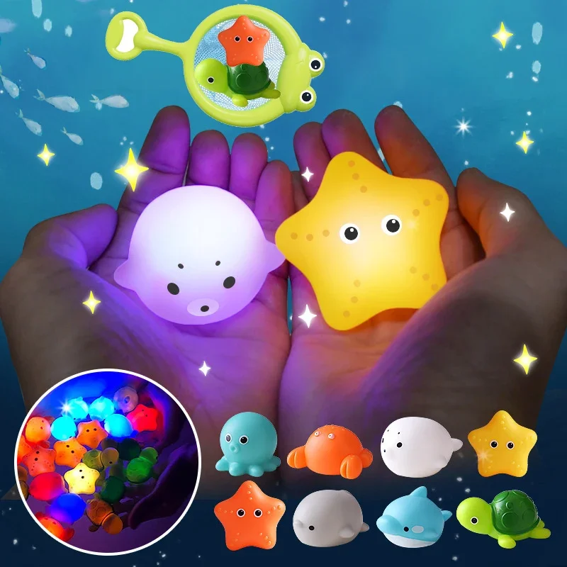 Baby Cute Animals giocattolo da bagno nuoto acqua LED Light Up Toys gomma morbida galleggiante induzione rane luminose per bambini giocano regali divertenti