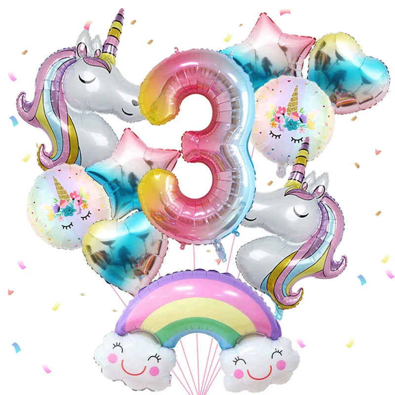 1 set regenboog eenhoorn meisje ballon aluminium film ballon set met lachende regenboogfolie 1e pasgeboren feestdecoratie benodigdheden