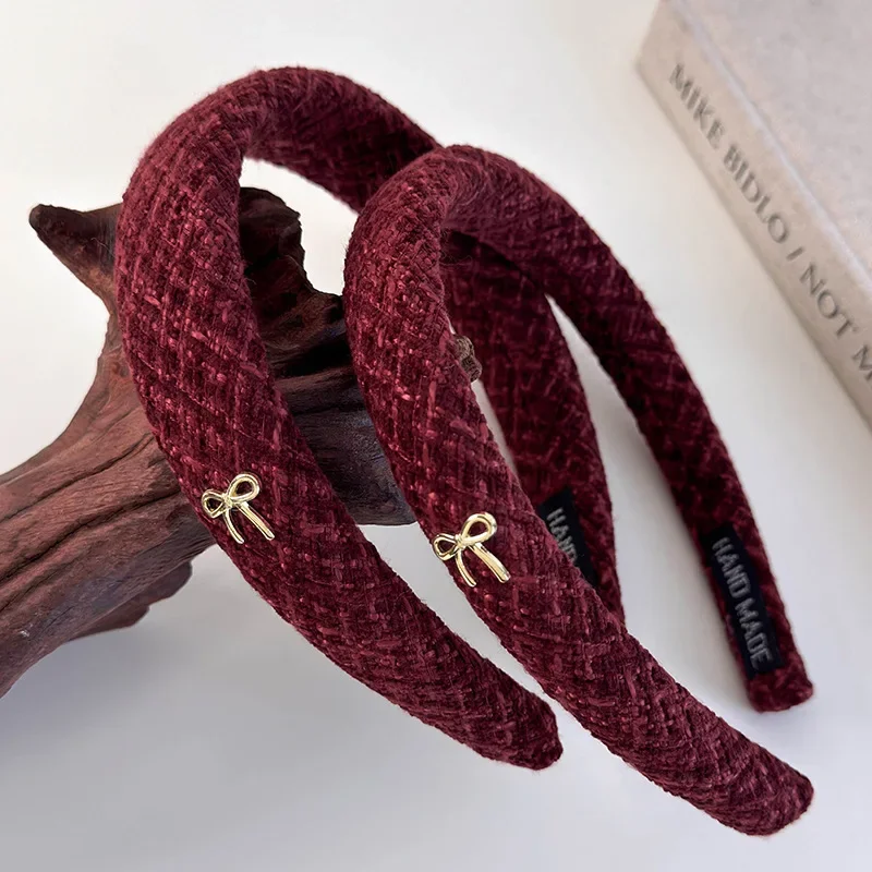 

Red Plush Gold Bow Knitting Headband For Woman Retro Elegant Hair Hoop Female Christmas and New Year Hair Band Trend Accessories