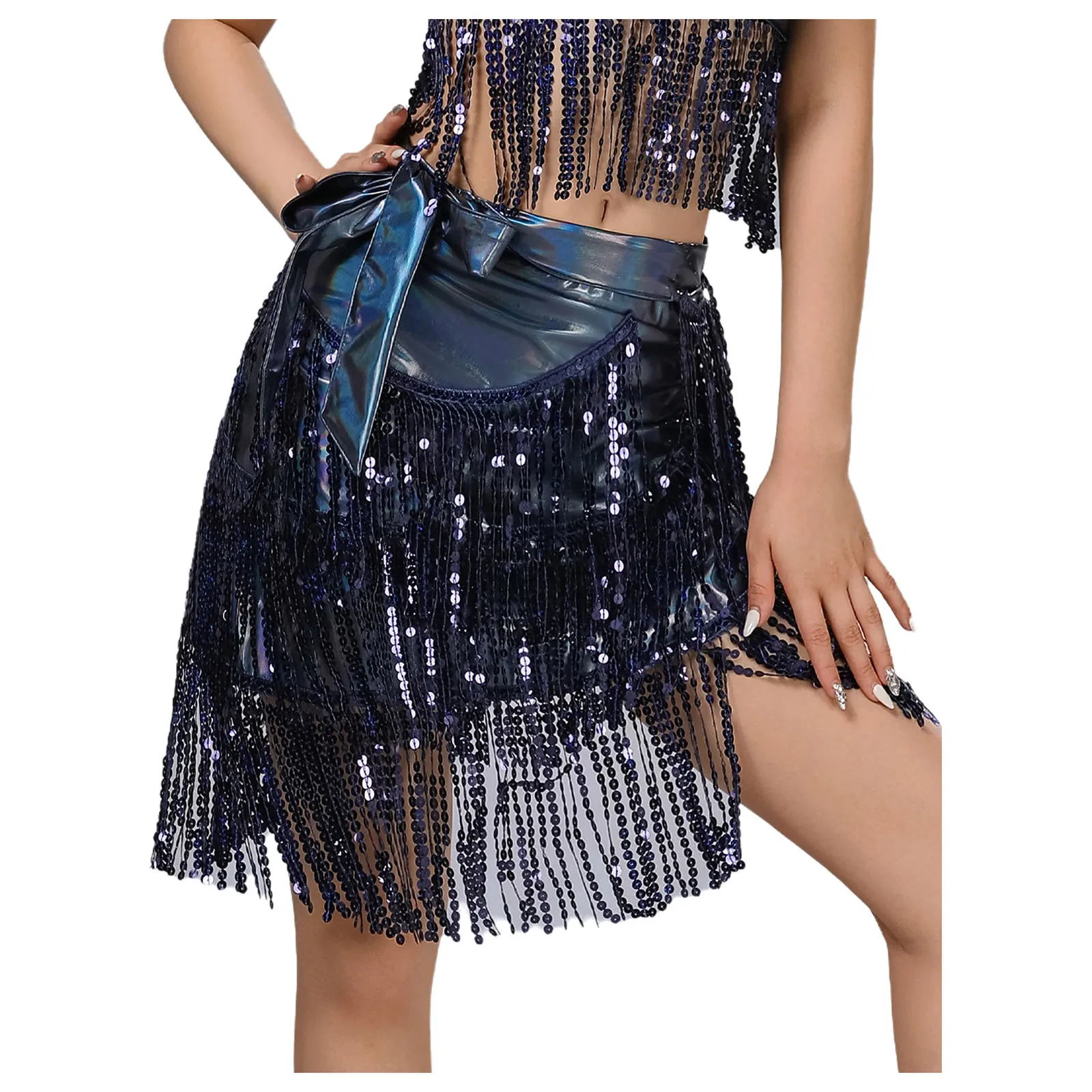 ผ้าพันเอวแต่งเลื่อมระยิบระยับสำหรับเต้นรำลาติน แจ๊ส และบอลรูม ผ้าคลุมเอวแบบผูกข้างหลายชั้น เงางาม กระโปรงชิ้นเดียวสำหรับผู้หญิง