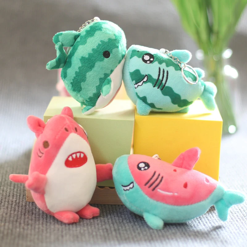 Desenhos animados Melancia Tubarão Plush Chaveiro, bonito Kawaii macio recheado boneca, saco pingente, chaveiro, presente de aniversário