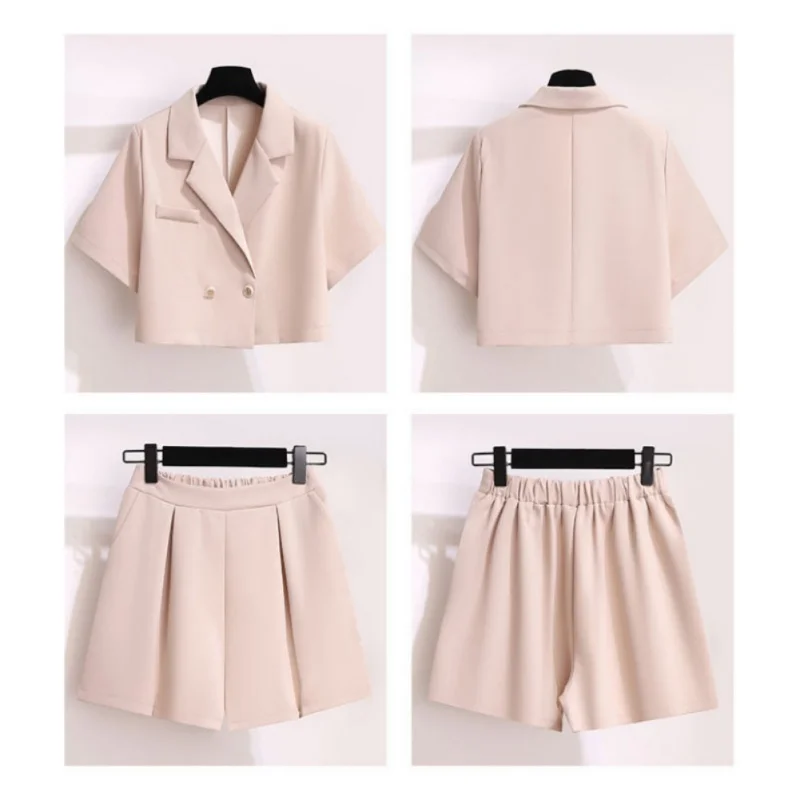 Two-piece Set Women Summer Square Shoulder Short-sleeved Short Blazer Top Loose Wide-legged Shorts Set