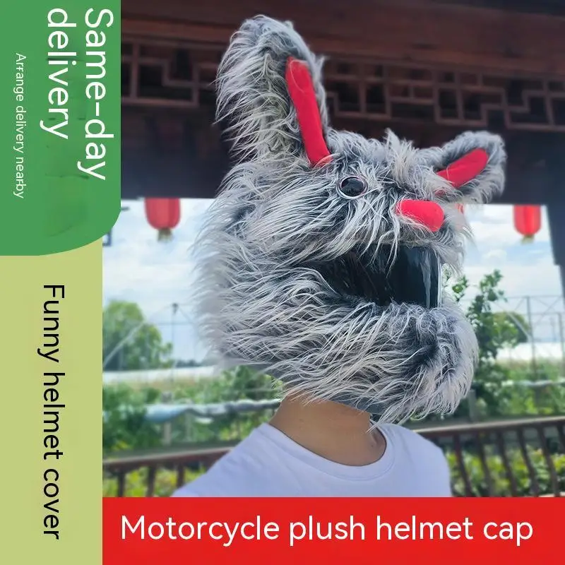 Crazy Rabbit Cartoon Plush Helmet Hood Gray Evil Rabbit Hairy Helmet Cap Protective Cover Decorated Fried Street Gifts