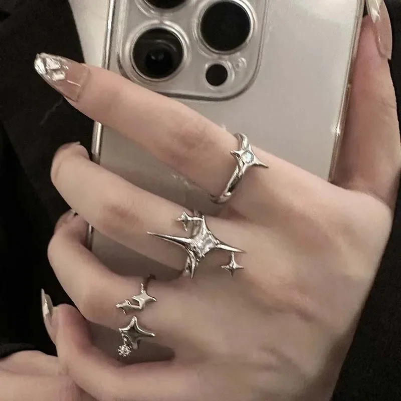 Vintage Irregular Cross Star Open Ring for Women Men Punk Gothic Sliver Color Adjustable Couple Rings Y2K Egirl Jewelry Gift