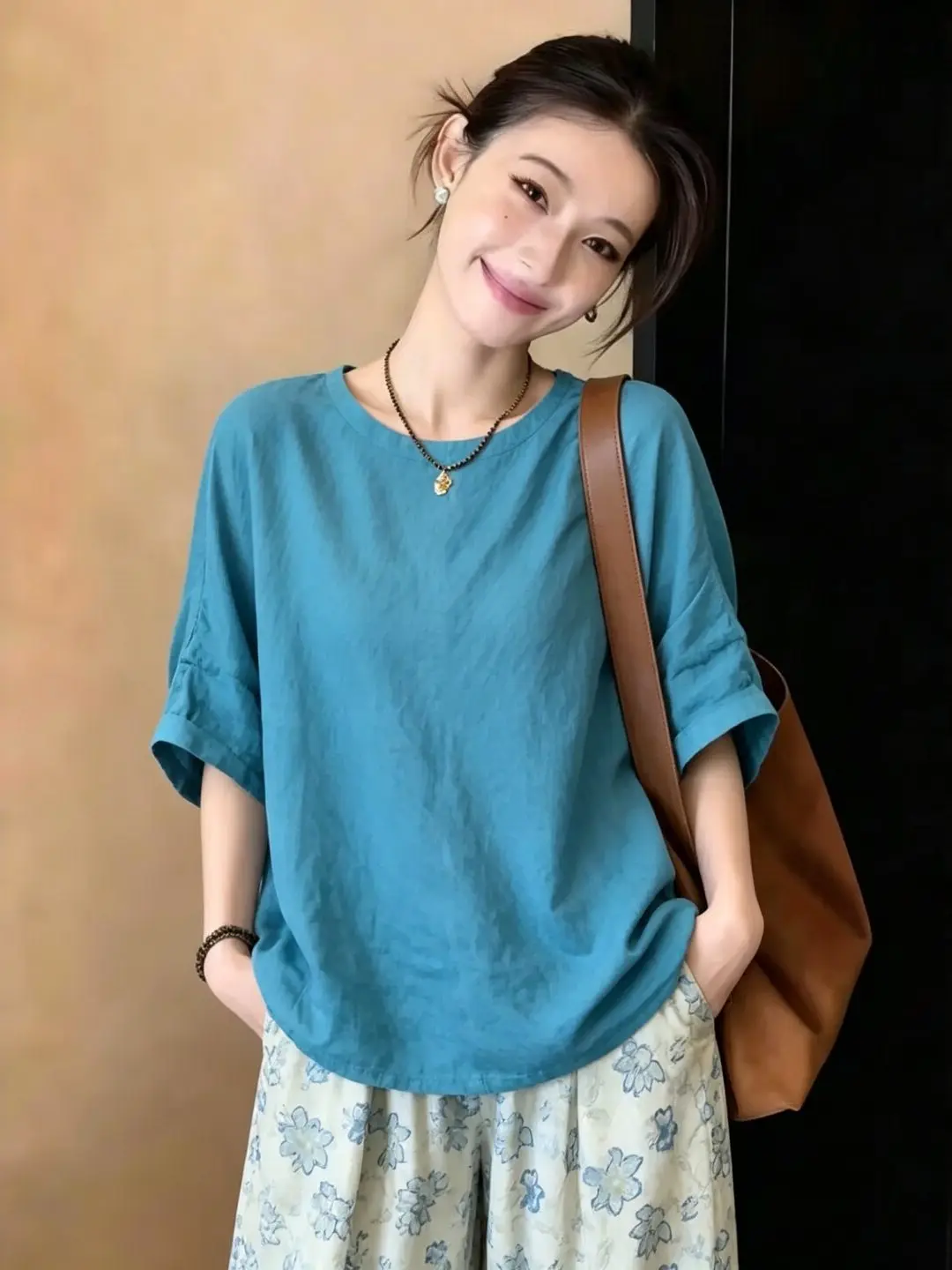 

Japanese Style plus Size Women's Summer Loose round Neck Top Versatile Slimming Fashionable Shirt Casual UV Protection Five S...