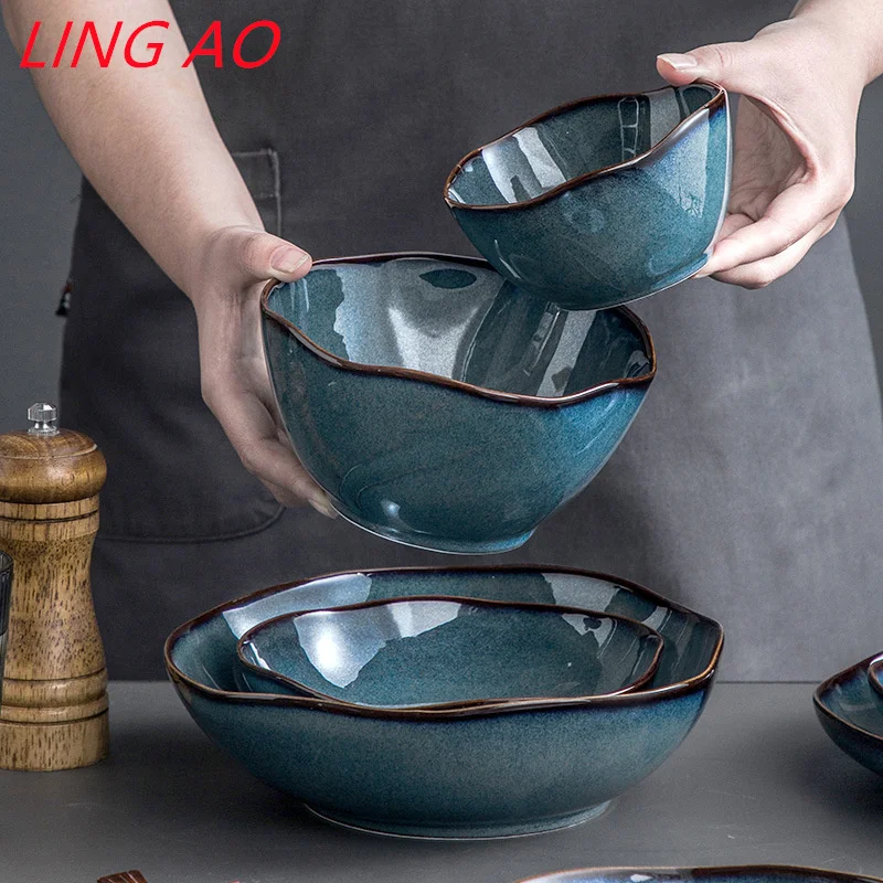 LingAo Japanese Kiln Ceramic Bowl, Plate, Soup Bowl, Home Set