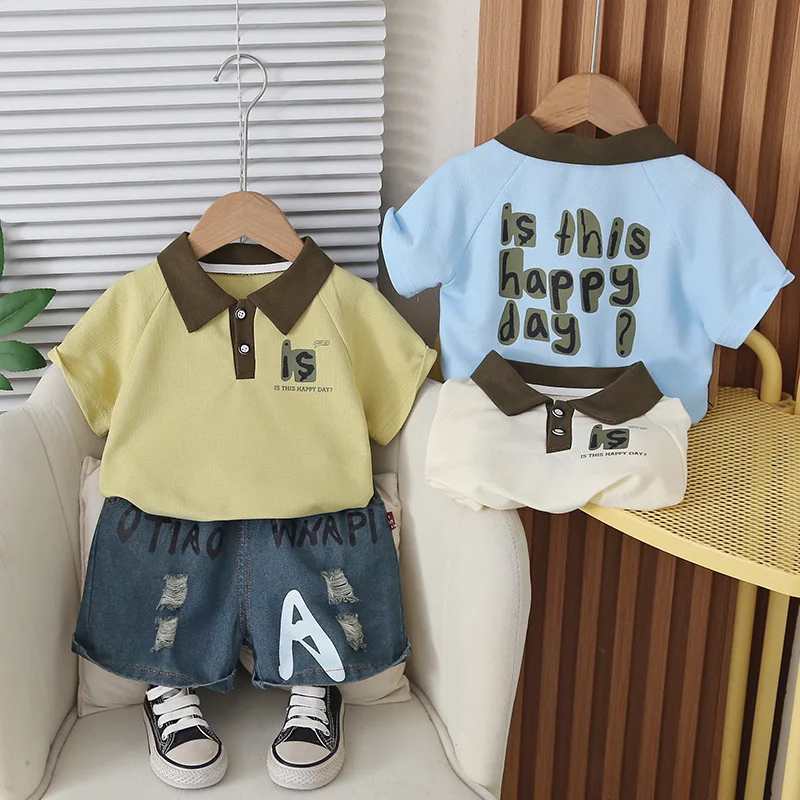 

2026 Summer Boys Outfits Sets 1-5Y Kids Cotton Polo Neck Short Sleeve T-Shirt Letter Print and Denim Shorts Children Clothes