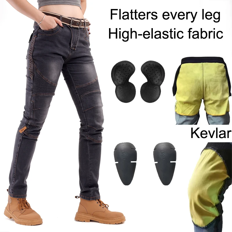Women Kevlar Motorcycle Jeans Windproof Abrasion Resistant Riding Pants Black Off Road Protective Trousers Four Seasons All Weat