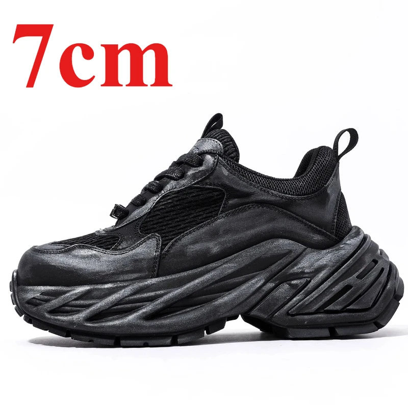 

Retro Grey Black Daddy Shoes Men's 7cm Casual Sneakers Breathable Comfortable Wide Version Thick Soled Height Increasing Shoes