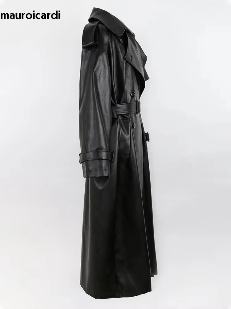 Mauroicardi primavera outono longo oversized preto couro do plutônio trench coat para mulheres cinto duplo breasted solto casual maxi casaco