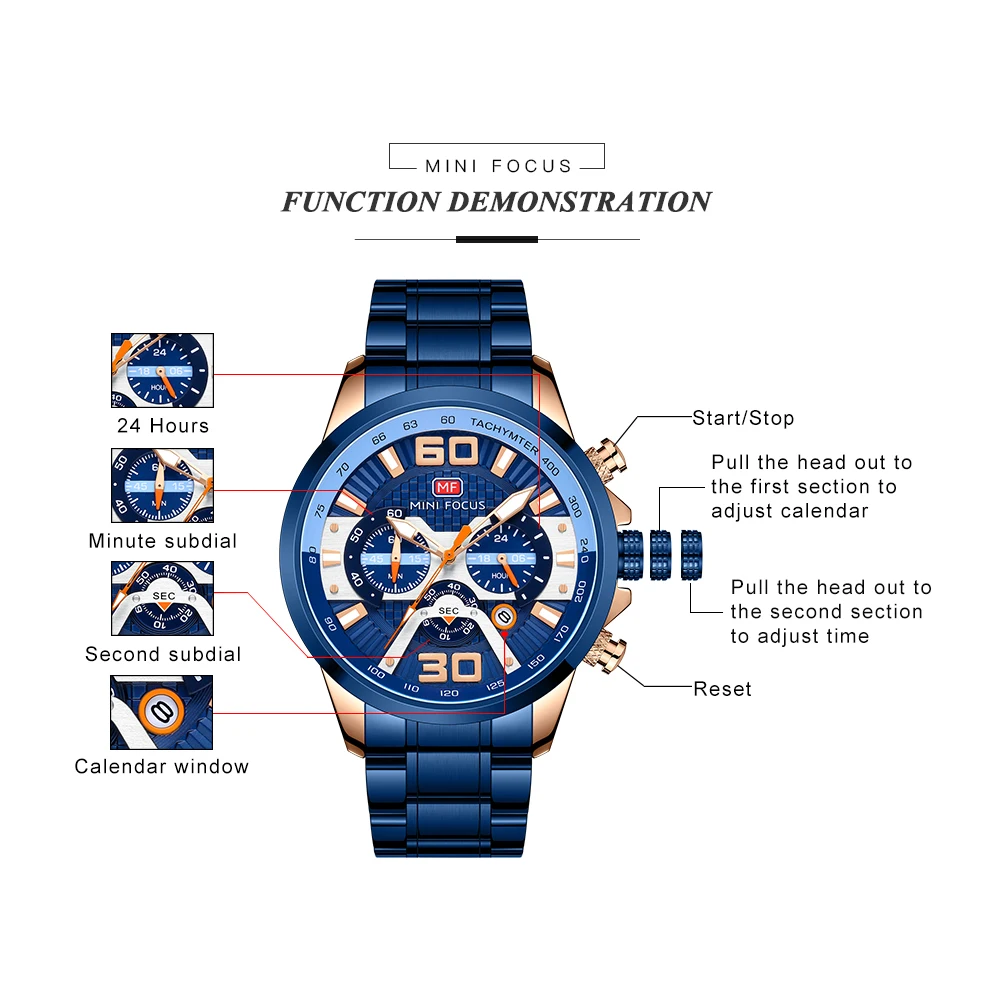 MINI FOCUS 0336 ساعات كوارتز للرجل متعدد الوظائف التقويم مضيئة مقاوم للماء حزام الصلب ساعة رجال الأعمال الأنيقة