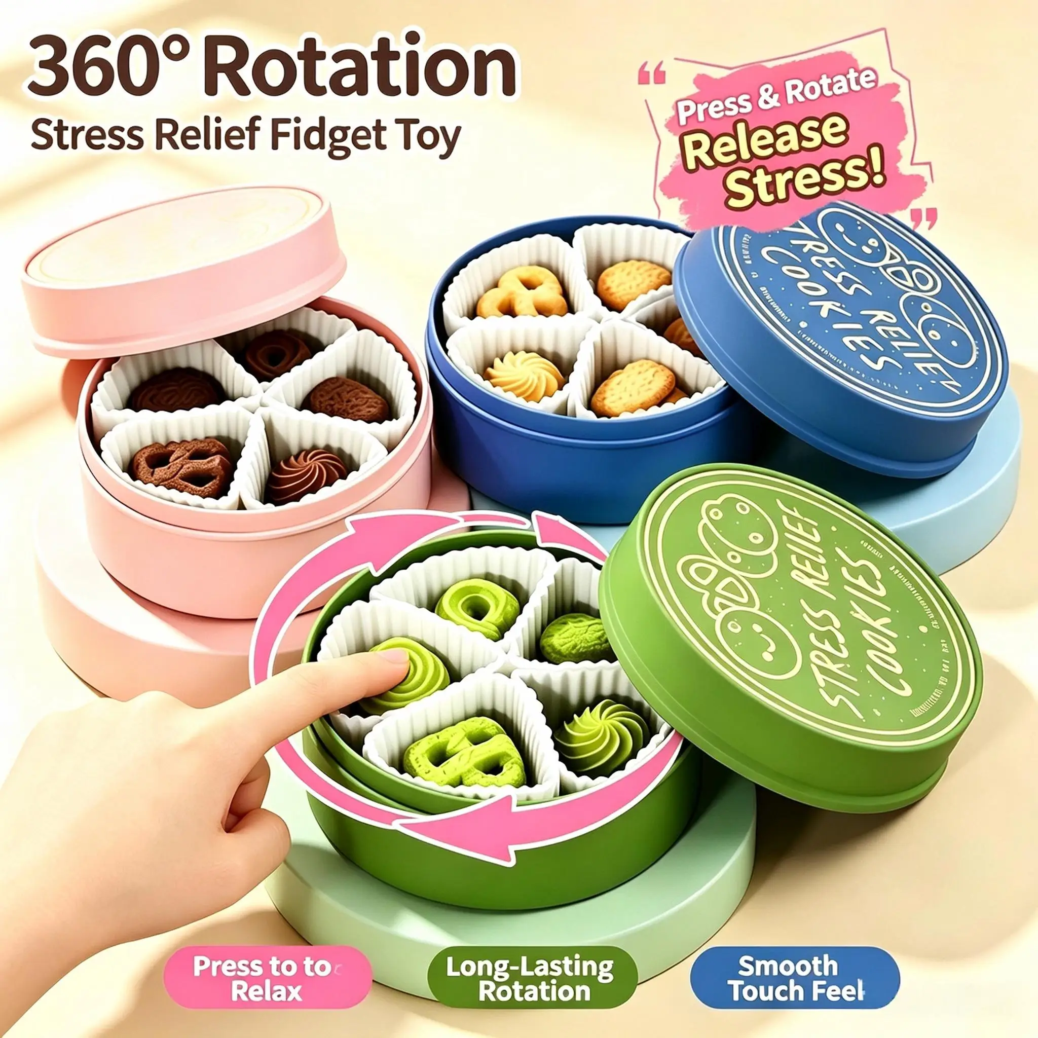 Press & Rotate Biscuit Fidget Sensory Toy 360° Rotation Button Stress Relief Desk Hand Toy for Anxiety Fidget Toys for Adults
