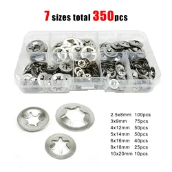 350pcs M2.5-M10 External Circlip Self-Locking Retaining Clip Push On Shaft Bearing Snap Ring Washer Kit Set 304 Stainless Steel