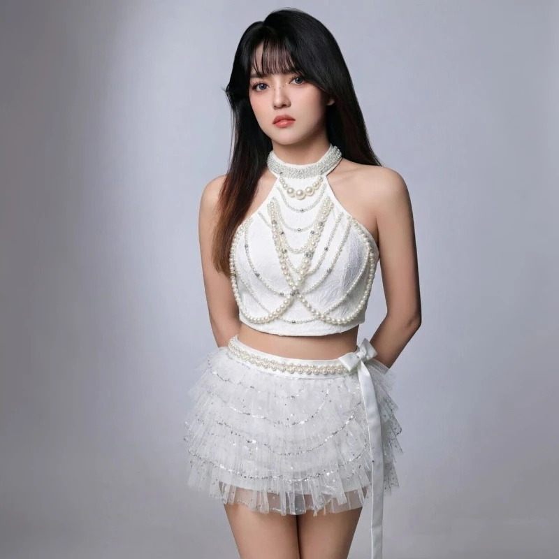 Sexy Clubwear White Pearl Feather Trim Halter Neck Tiered Cake Skirt 2 Piece Set Women Girls Gogo Dance Stage Performance Outfit - view 2