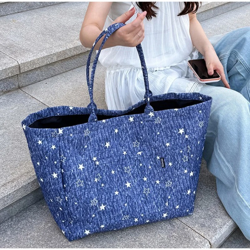 Koreanische Tragetasche mit Sterndruck, Damen-Shopper-Schultertasche, geräumige Handtasche für den täglichen Gebrauch, einfarbig, vielseitig, minimalistisch – Detail 14